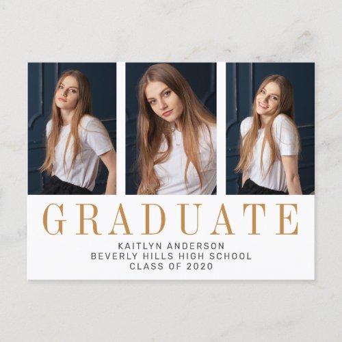 Elegant Three Photo Minimalist Graduation Announcement Postcard