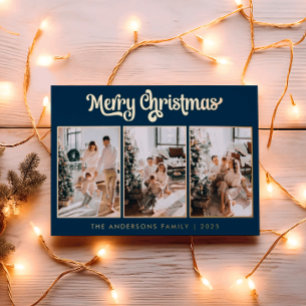 Elegant Three Photo Navy Blue Merry Christmas  Foil Holiday Card