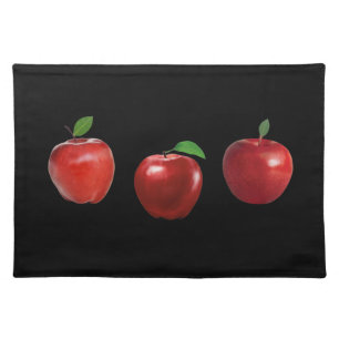 Elegant Three Red Apples on Black Cloth Placemat