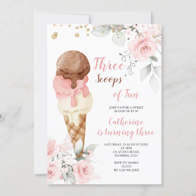 Elegant Three Scoops Of Fun 3rd Birthday Party Invitation Zazzle