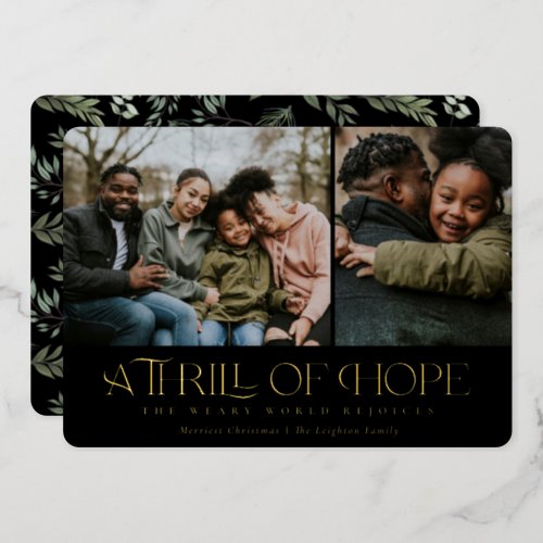 Elegant Thrill of Hope Black Two Photo Christmas   Foil Holiday Card