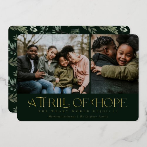 Elegant Thrill of Hope Green Two Photo Christmas   Foil Holiday Card