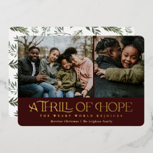 Elegant Thrill of Hope Maroon Two Photo Christmas Foil Holiday Card
