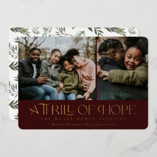Elegant Thrill of Hope Maroon Two Photo Christmas Foil Holiday Card
