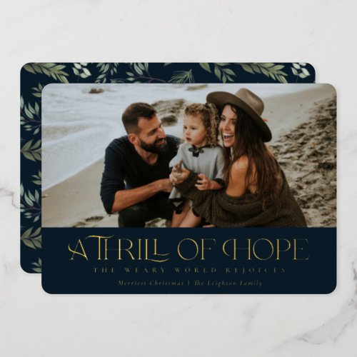 Elegant Thrill of Hope Navy Photo Christmas   Foil Holiday Card