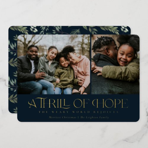 Elegant Thrill of Hope Navy Two Photo Christmas   Foil Holiday Card