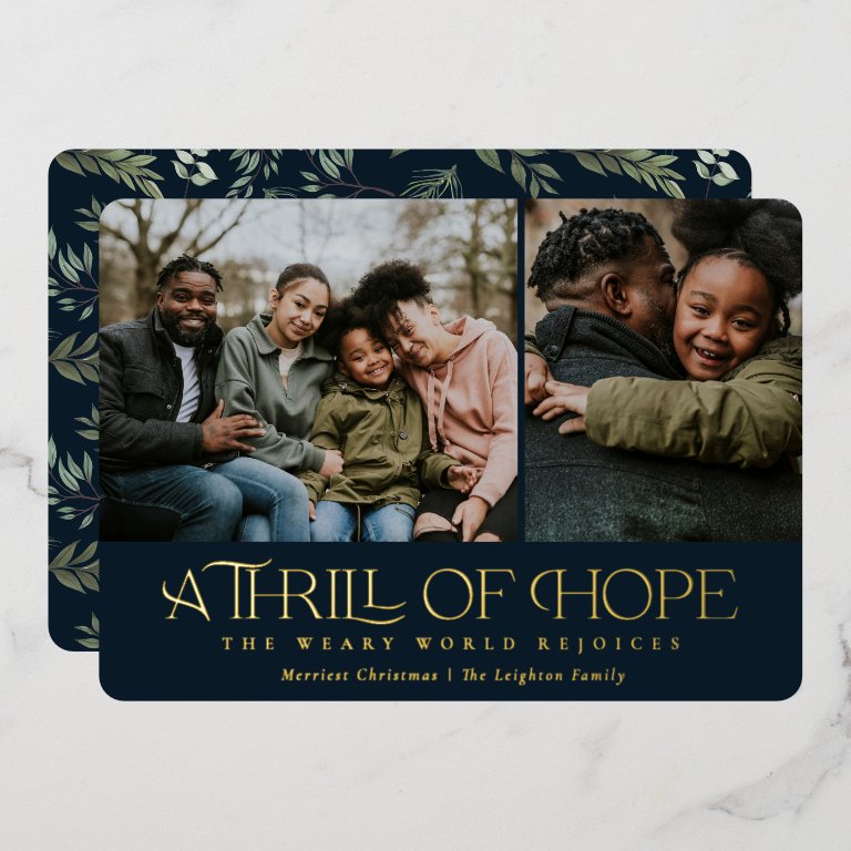 Elegant Thrill of Hope Navy Two Photo Christmas Foil Holiday Card