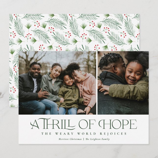 Elegant Thrill of Hope Two Photo Green Christmas  Holiday Card (Front/Back)