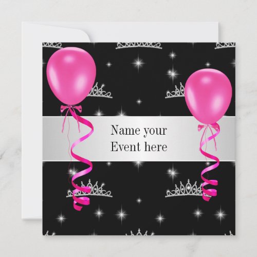 Elegant Tiara Black Pink Balloons Special Event Custom Invitations