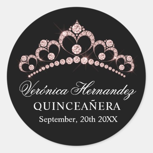 Elegant Tiara black Spanish Quinceaera Quince Classic Round Sticker