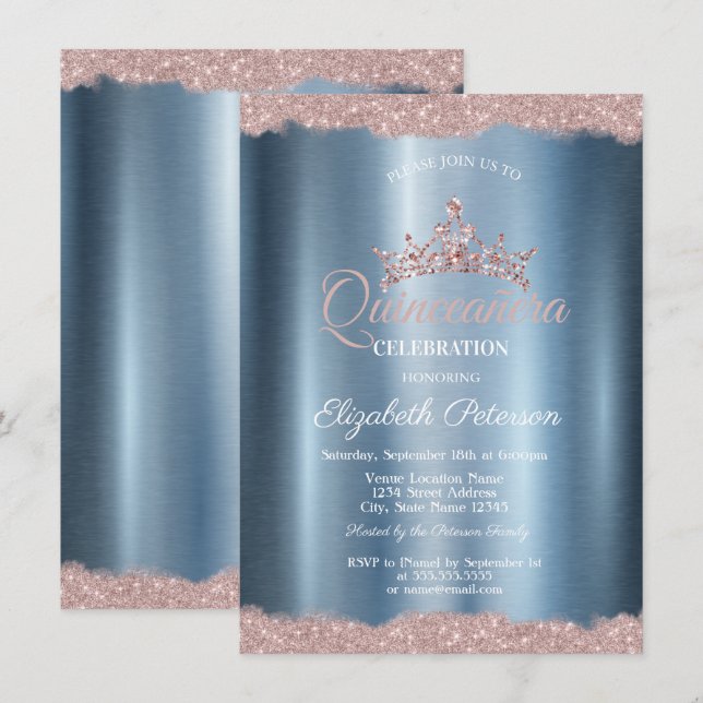 Elegant Tiara Blue Metallic Quinceañera  Invitation (Front/Back)