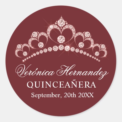 Elegant Tiara Burgundy Spanish Quinceaera Quince  Classic Round Sticker