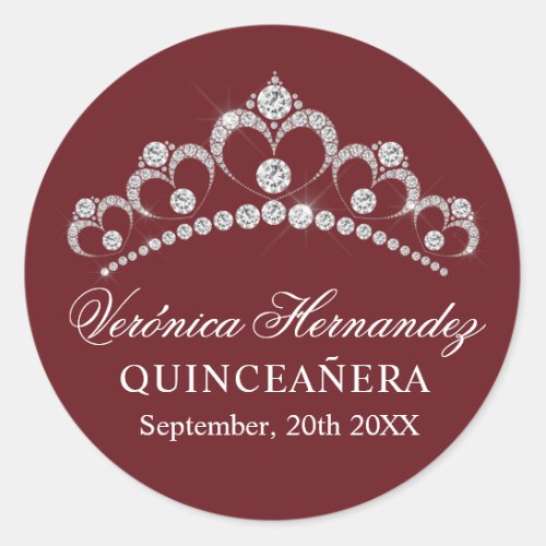 Elegant Tiara Burgundy Spanish Quinceaera Quince Classic Round Sticker
