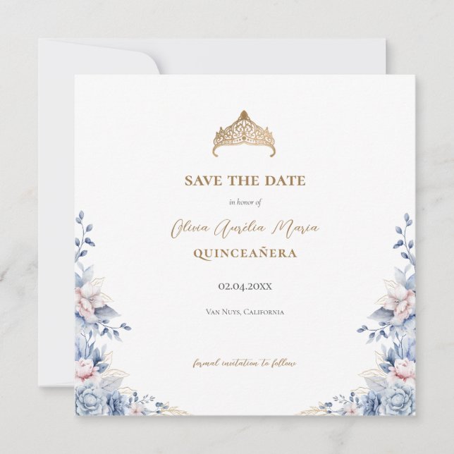 Elegant Tiara Floral Quinceañera Photo  Save The Date (Front)