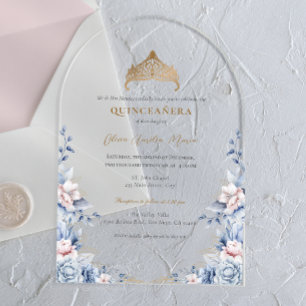 Elegant Tiara Gold Blue roses Quinceañera Acrylic Invitations