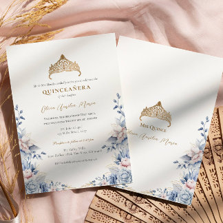 Elegant Tiara Gold Blue roses Quinceañera Invitation