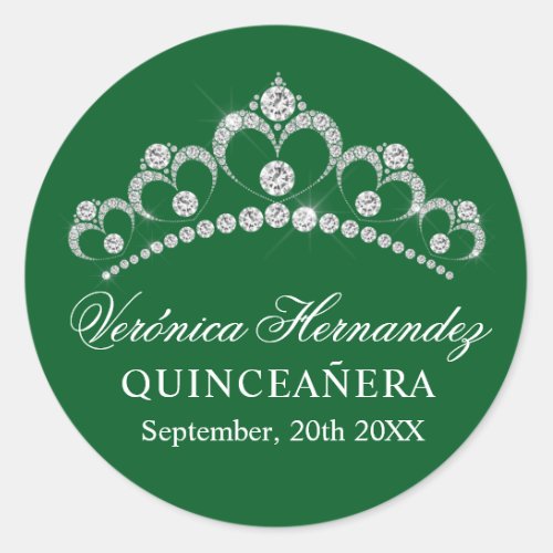 Elegant Tiara  Green Spanish Quinceaera Quince Classic Round Sticker