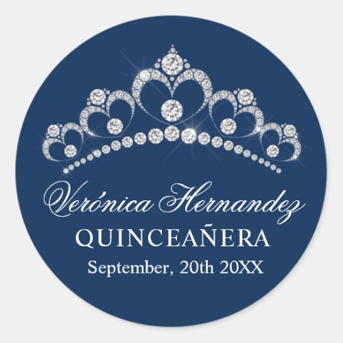 Elegant Tiara Navy Blue Spanish Quinceaera Quince Classic Round Sticker