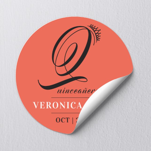 Elegant Tiara Orange Red 15th Quinceañera Name  Classic Round Sticker (Creator Uploaded)