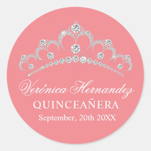 Elegant Tiara Peach Spanish Quinceaera Quince Classic Round Sticker