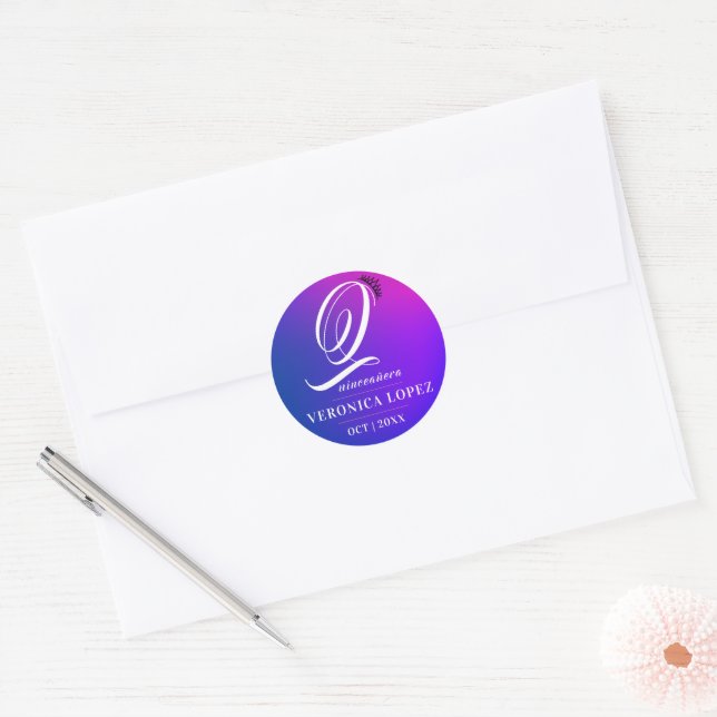 Elegant Tiara Pink Gradient 15th Quinceañera Name  Classic Round Sticker (Envelope)