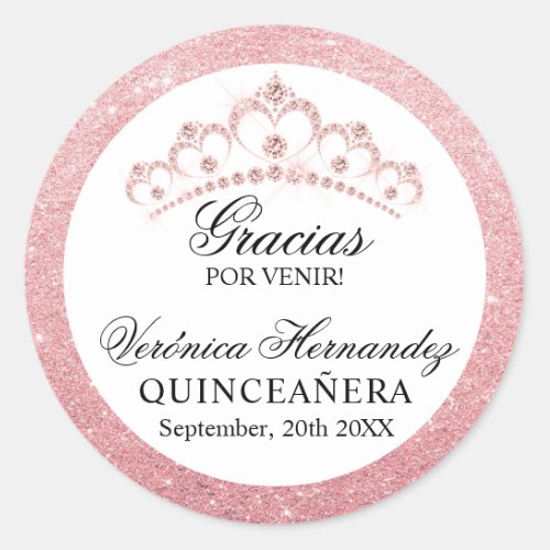 Elegant Tiara Pink Spanish Quinceaera Quince Clas Classic Round Sticker