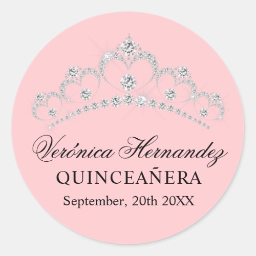 Elegant Tiara Pink Spanish Quinceaera Quince Classic Round Sticker