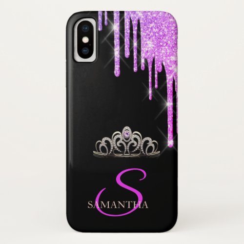 Elegant Tiara Purple Glitter Drips iPhone X Case