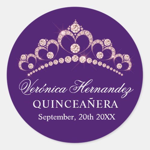 Elegant Tiara Purple Spanish Quinceaera Quince Classic Round Sticker