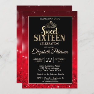Elegant Tiara,Red Glitter Bokeh Sweet 16 Invitation