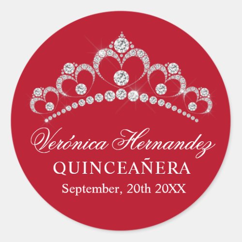 Elegant Tiara Red Spanish Quinceaera Quince Classic Round Sticker