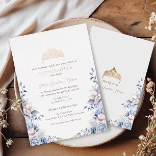 Elegant Tiara Rose Gold Blue Roses Quinceañera Foil Invitation