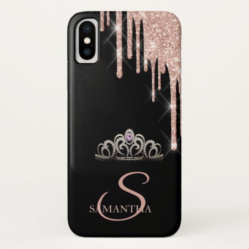 Elegant Tiara Rose Gold Glitter Drips iPhone X Case