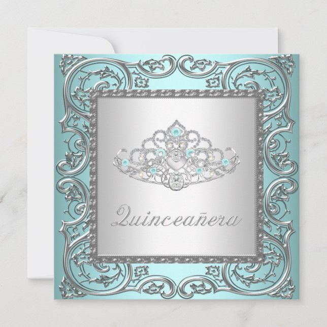 Elegant Tiara Teal Blue Quinceanera Invitation (Front)