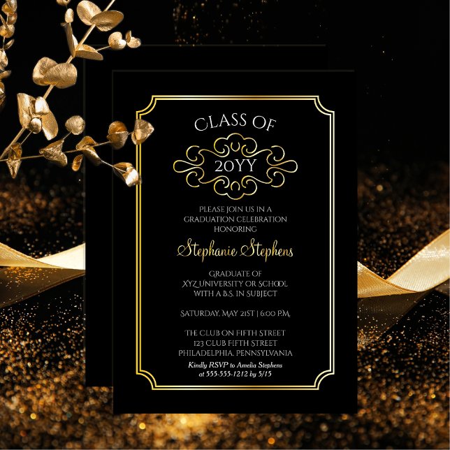Elegant Ticket Frame College Graduation Party  Foil Invitation (Elegant Ticket Frame College or University Graduation Announcement Party Invitation -Black Gold Foil)