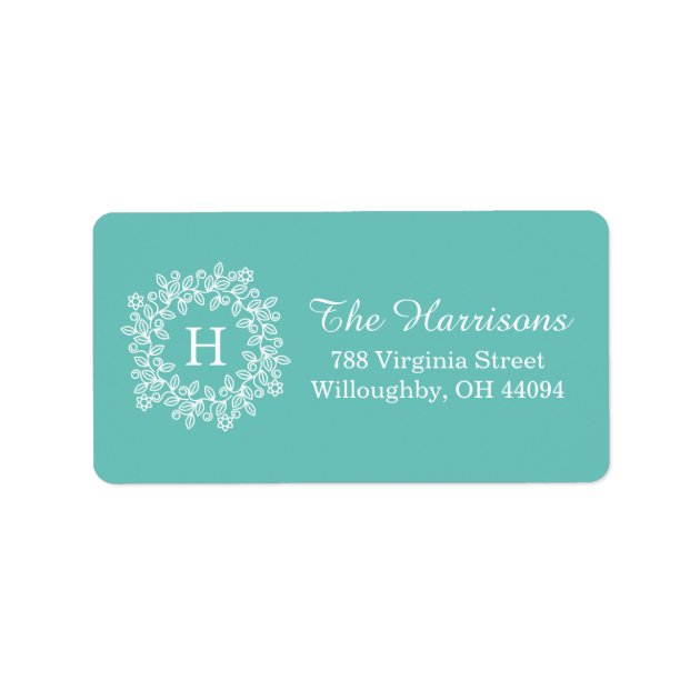 Elegant Tiffany Teal Green Floral Wreath Monogram Label