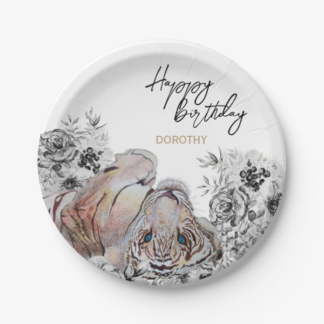 Elegant Tiger Botanical Floral Birthday Paper Plates (Front)