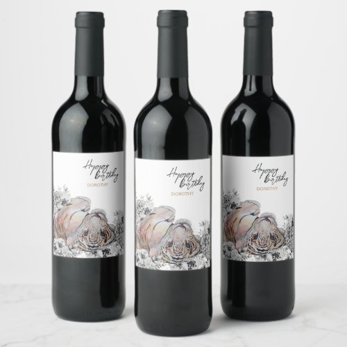 Elegant Tiger Botanical Floral Birthday Wine Label
