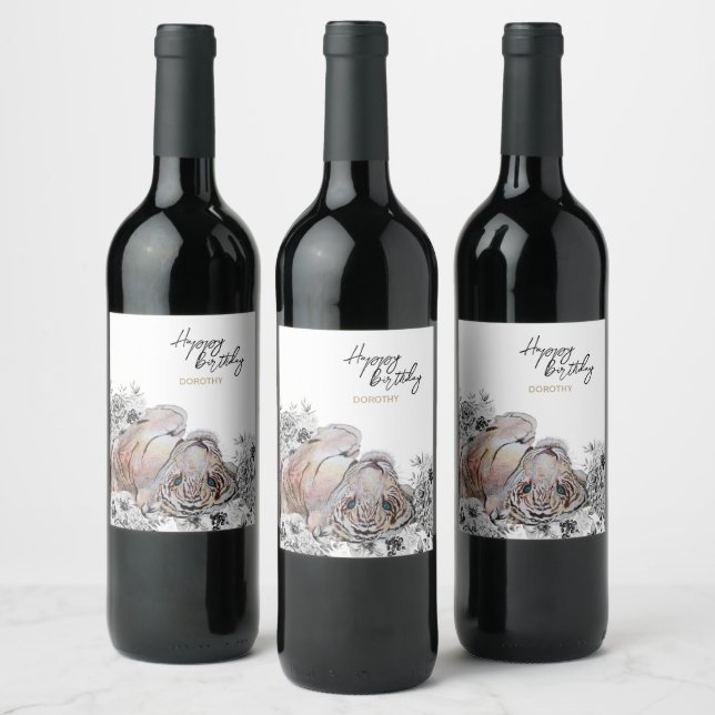 Elegant Tiger Botanical Floral Birthday Wine Label (Bottles)