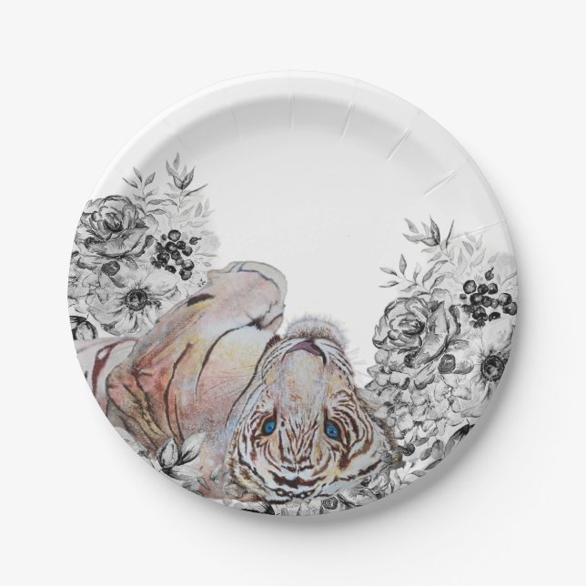 Elegant Tiger Botanical Floral Party Paper Plates (Front)