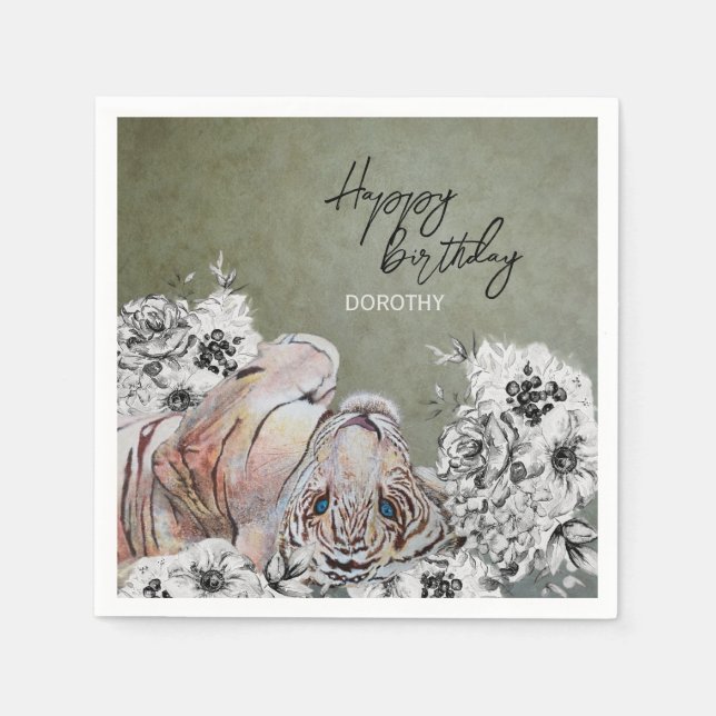 Elegant Tiger Botanical Floral Sage Gold Birthday Napkins (Front)