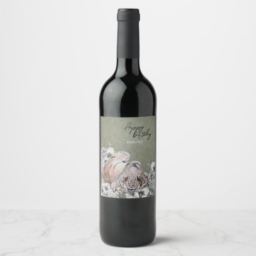 Elegant Tiger Botanical Floral Sage Gold Birthday Wine Label