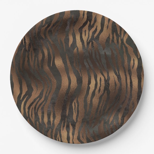 Elegant Tiger Chic Black Bronze Stylish Paper Plates (Front)