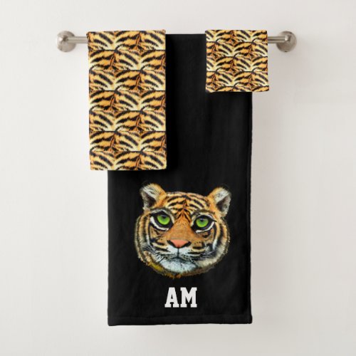 Elegant tiger face and monogram on black bath towel set