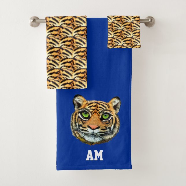 Elegant tiger face and monogram on blue bath towel set (Insitu)