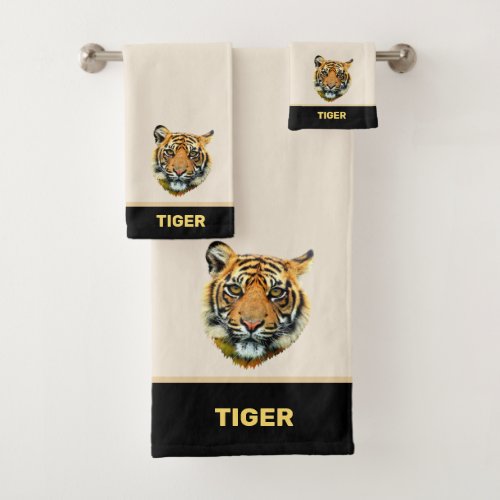 Elegant tiger face on  beige and black bath towel set