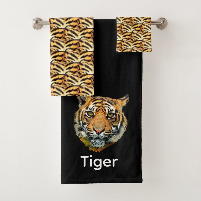 Elegant tiger face on black personalized bath towel set (Insitu)