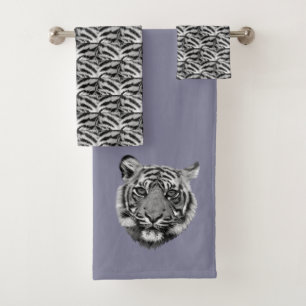 Elegant Tiger Face on Roman Silver Gray Bath Towel Set