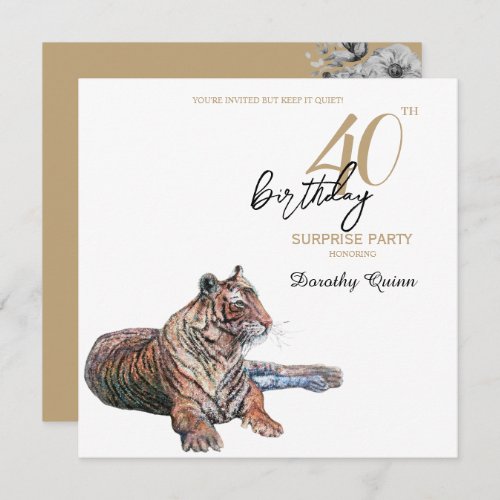 Elegant Tiger Floral Surprise Birthday Party Invitation