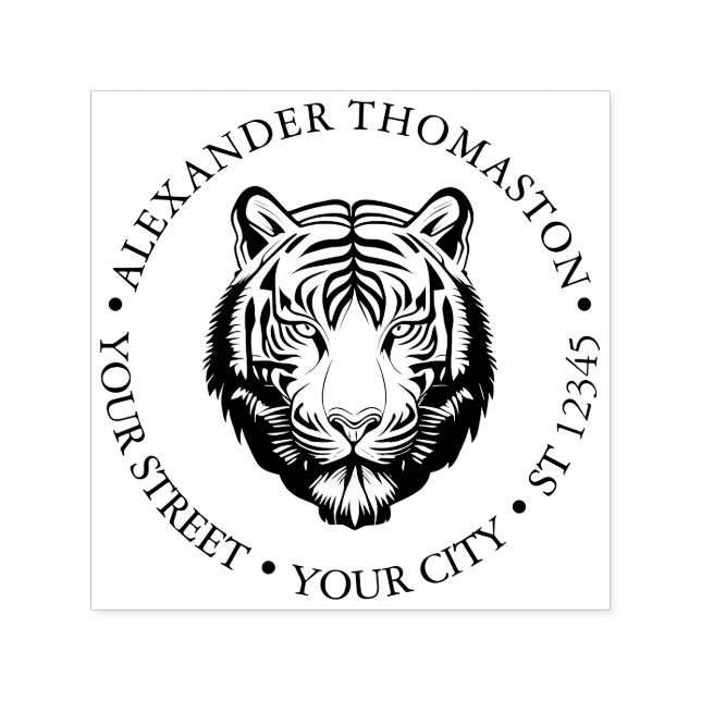Elegant Tiger Head #2 Round Name Address Self-inking Stamp (Design)